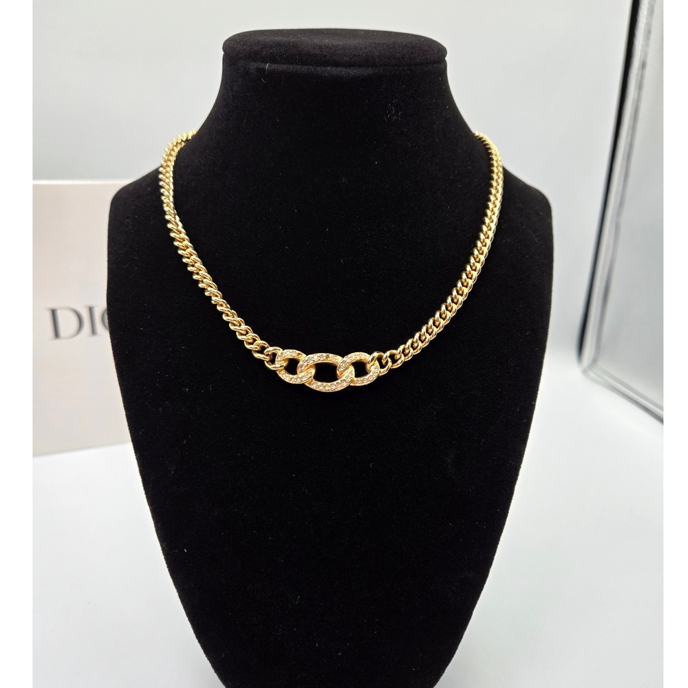 Christian Dior Gold Tone Chain Necklace Crystal Interlocking Oval Links - Picture 2 of 9